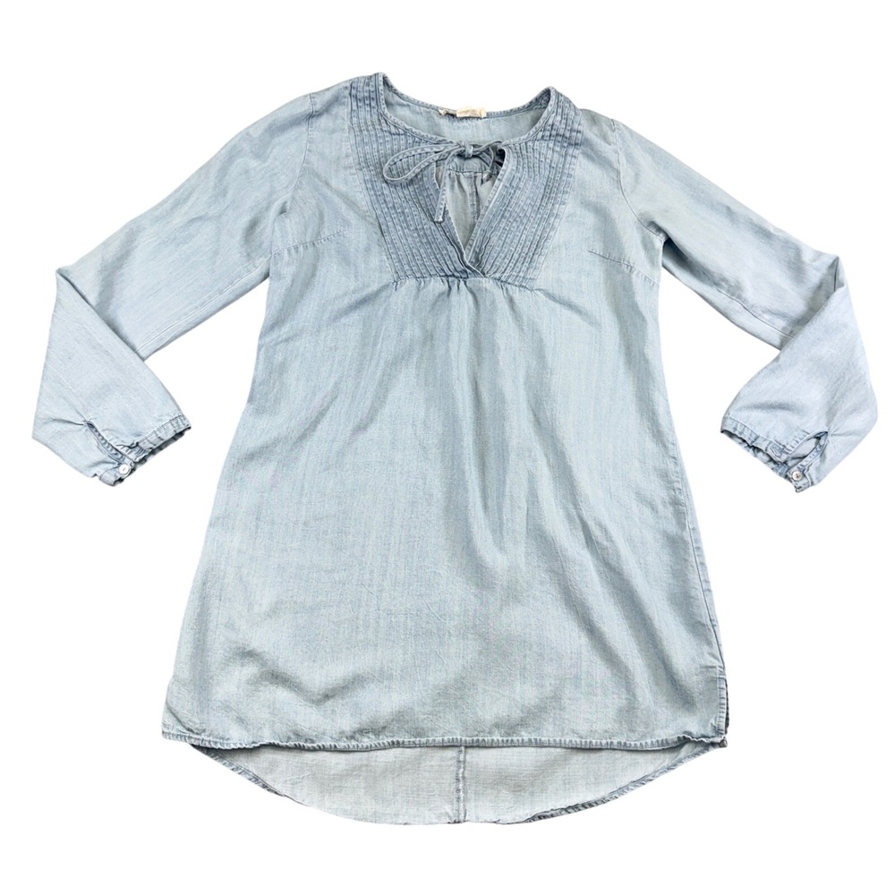 Lovestitch Light Wash Tencel Pintuck Tie Neck Tunic Top I-70236MXX L